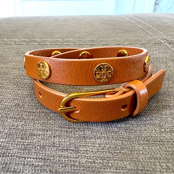 Tory Burch Accessories - Tory Burch Tan Leather Logo Studded Double Wrap Bracelet